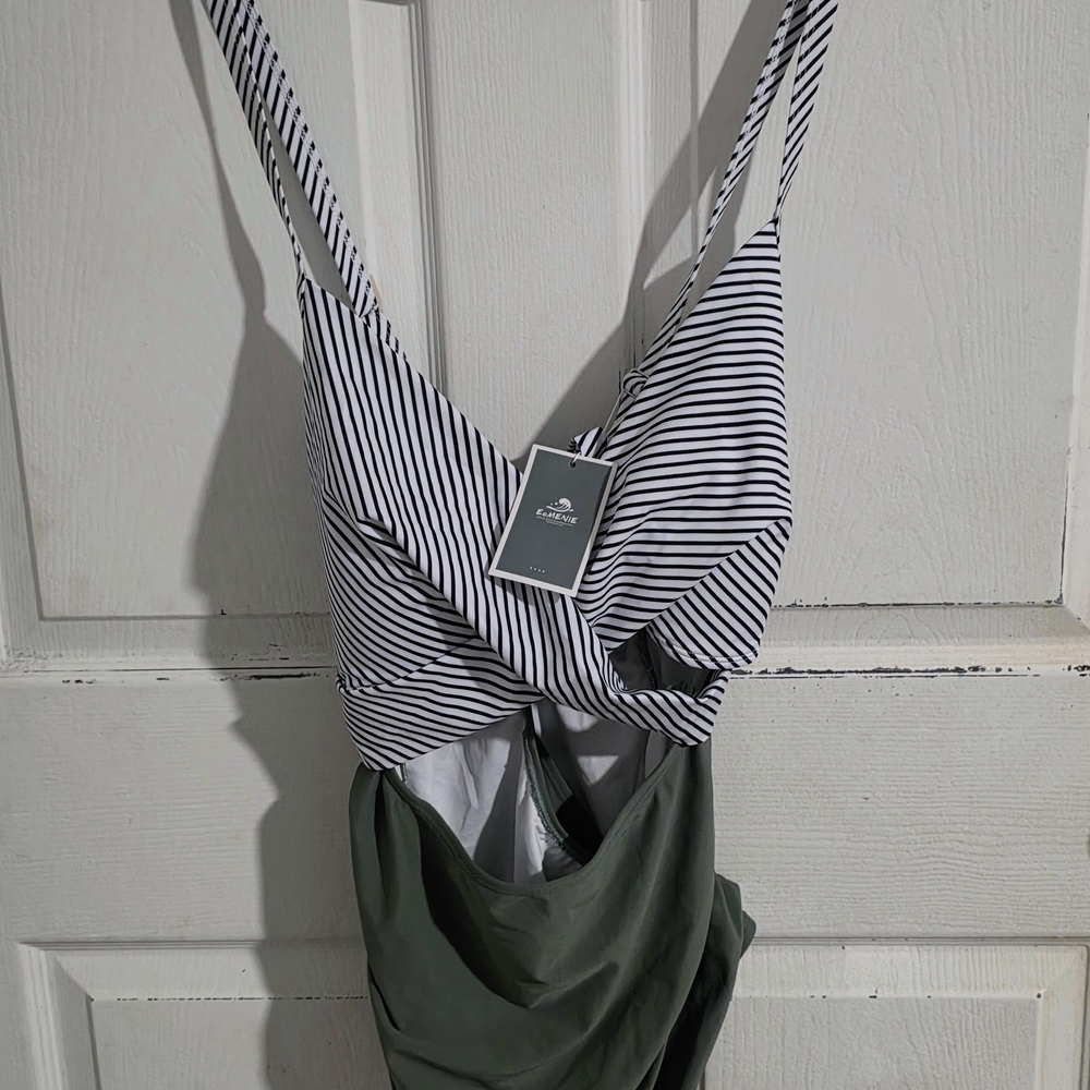 Striped Black and White Swimsuit with Green Bottom